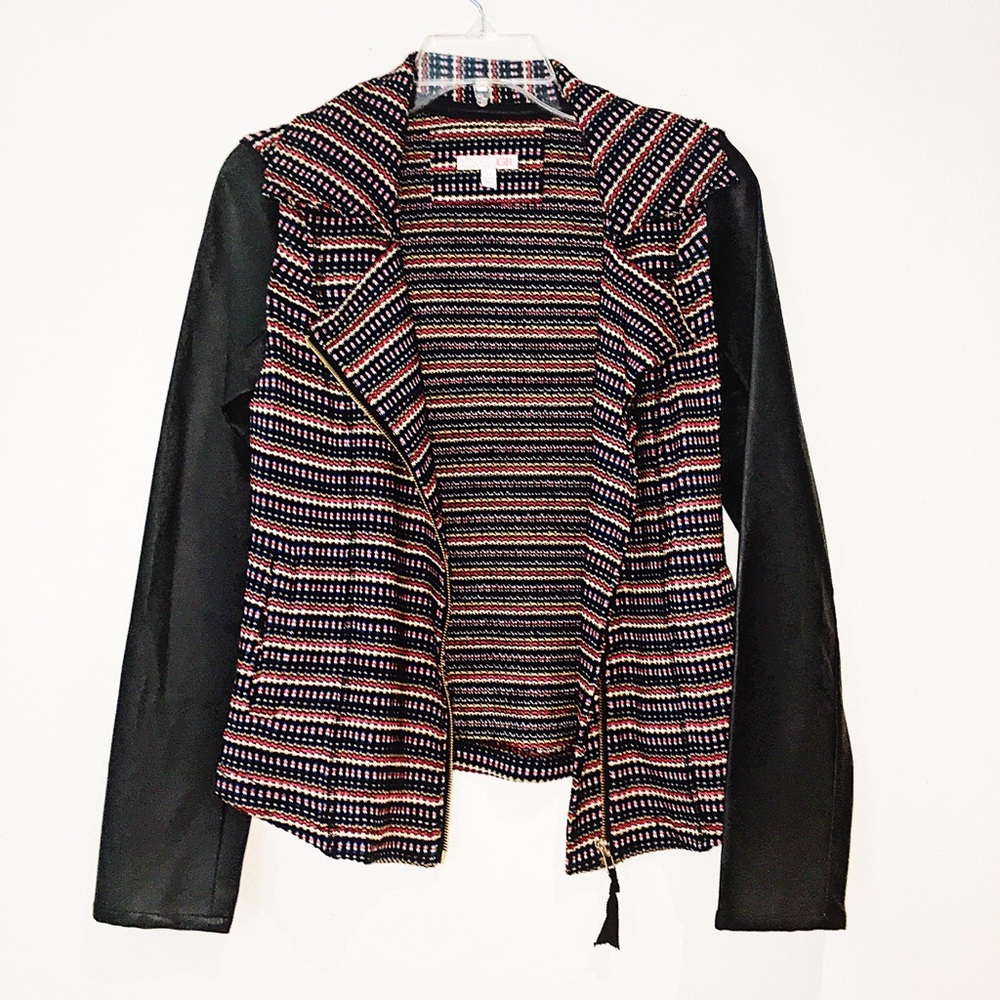 Never Worn! Colorful/Leather Armed Jacket.